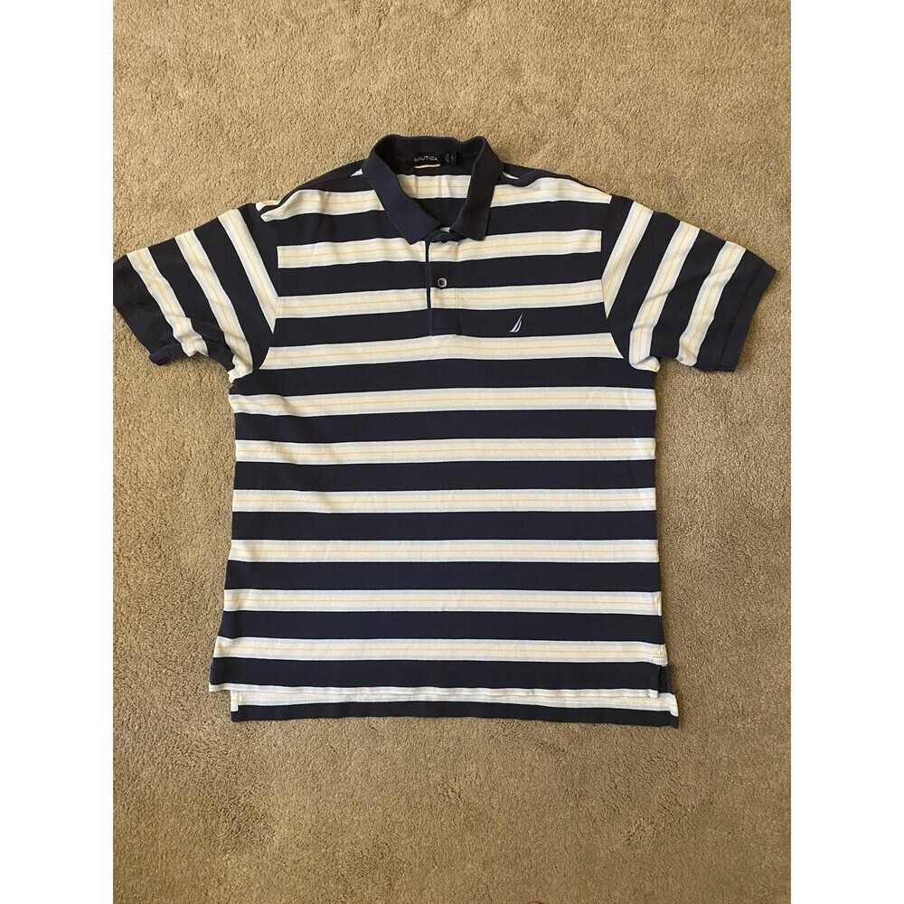 Nautica Men's Striped Polo Shirt Classic Navy Blue White Yellow Y2k Prep Men L